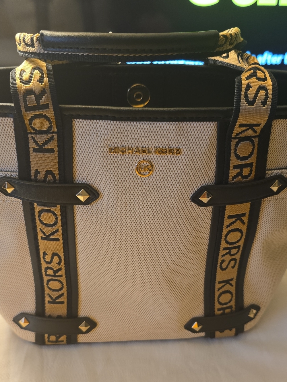 Michael Kors Beige and Black Logo Strap Tote